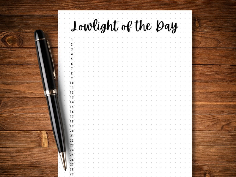 May include: A white sheet of paper with a dotted pattern and the text "Lowlight of the Day" at the top. The paper is numbered from 1 to 29.