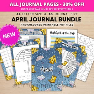 April Journal Bundle - April Showers - PRINTABLE Journal Pages - PRE-COLOURED Pages - April Planner - April Agenda - Printable Planner
