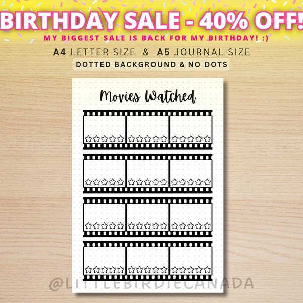 Movie Tracker - PRINTABLE Journal Page - Printable Planner Page - Track Movies Watched - Movie Log - Movie Watching - Journal Template
