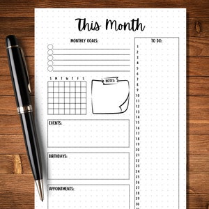 May include: A black and white printable planner page with the title "This Month". The page includes sections for monthly goals, to do, events, birthdays, and appointments. There is also a calendar grid and a notes section.