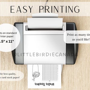 May include: A printer with a sheet of paper in it. The paper has a printable design for a "Location Tracker" with a grid of squares. The text "EASY PRINTING" is at the top of the image. The text "Prints on standard printer paper: 8.5" x 11" is on the left side of the image. The text "Print as many time's as you'd like!" is on the right side of the image. The text "For the best quality, print on card stock paper!" is at the bottom left of the image.
