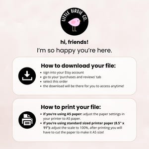 K&ouml;nnte beinhalten: Eine wei&szlig;e und rosafarbene Grafik mit dem Text "Little Birdie Co." und einer Illustration eines rosa Vogels. Die Grafik enth&auml;lt Anweisungen zum Herunterladen und Drucken einer digitalen Datei. Die Anweisungen beinhalten Informationen zum Anpassen der Papiereinstellungen f&uuml;r A5-Papier und Standard-Druckerpapier (8,5 x 11 Zoll).