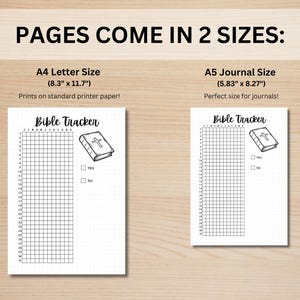 May include: Two printable Bible tracker pages, one in A4 letter size (8.3 inches by 11.7 inches) and one in A5 journal size (5.83 inches by 8.27 inches). Each page features a grid with numbers 1-31 and a drawing of a closed book with a cross on the cover. The pages include a "Yes" and "No" checkbox.