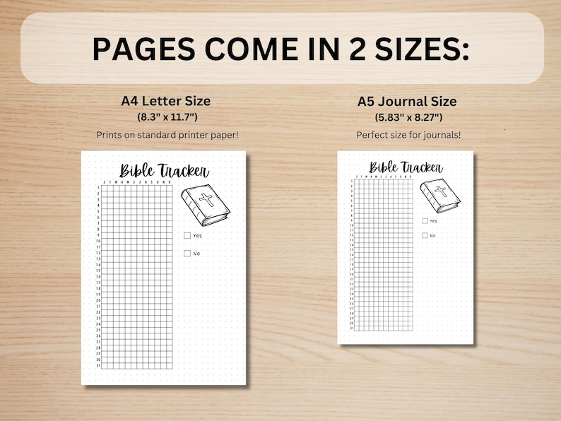 May include: Two printable Bible tracker pages, one in A4 letter size (8.3 inches by 11.7 inches) and one in A5 journal size (5.83 inches by 8.27 inches). Each page features a grid with numbers 1-31 and a drawing of a closed book with a cross on the cover. The pages include a "Yes" and "No" checkbox.