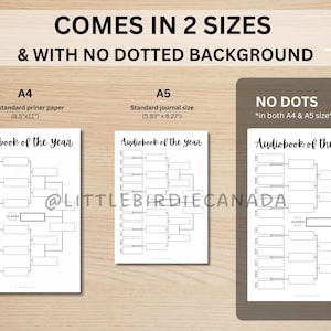 May include: White paper printouts with the text "Audiobook of the year" and a bracket-style chart. The printouts are available in A4 (8.5" x 11") and A5 (5.83" x 8.27") sizes, with no dotted background.