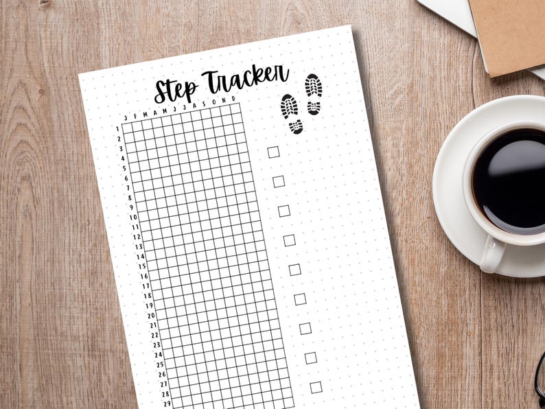 May include: A printable step tracker with a grid for each month of the year. The tracker has a title that says "Step Tracker" and a small graphic of two footprints.
