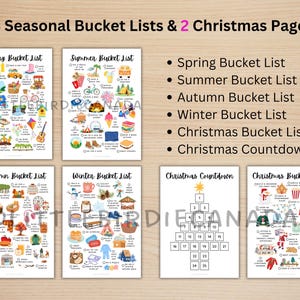 May include: A collection of printable bucket lists for various seasons and Christmas. The image shows lists for spring, summer, autumn, winter, and two Christmas-themed pages. Each list features illustrated icons representing activities.