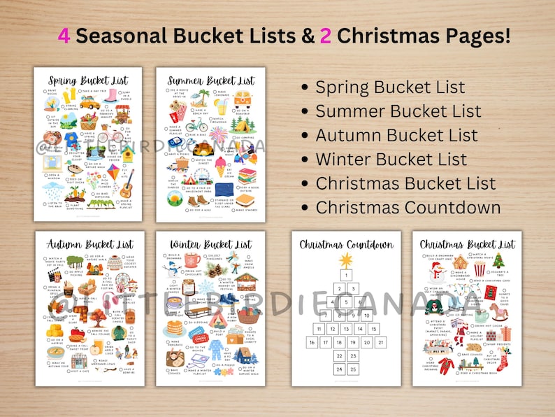 May include: A collection of printable bucket lists for various seasons and Christmas. The image shows lists for spring, summer, autumn, winter, and two Christmas-themed pages. Each list features illustrated icons representing activities.