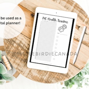 May include: A digital planner template for tracking pet health. The template has a grid for recording daily information and a section for pet details. The template is displayed on a tablet with a stylus.