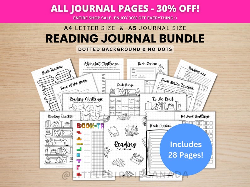 READING JOURNAL PAKET - Druckbare Journal Seiten - Digitale Planer Seiten - A5 & A4 Größe - Vorteilspaket - 28 Seiten - Punkte und keine Punkte Bild 1