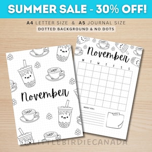 November Title Page - Bubble Tea - November Calendar - PRINTABLE Calendar - Journal Title Page and Calendar - November Cover Page