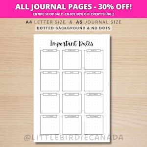 Important Dates - PRINTABLE Journal Page - Student Journal - Student Planner Page - Student Agenda - Year At A Glance - Printable Calendar