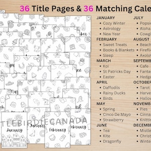 May include: A collection of 36 black and white printable title pages and matching calendars featuring various seasonal illustrations. The text 36 Title Pages & 36 Matching Calendars is at the top, with a list of monthly themes from January to December.