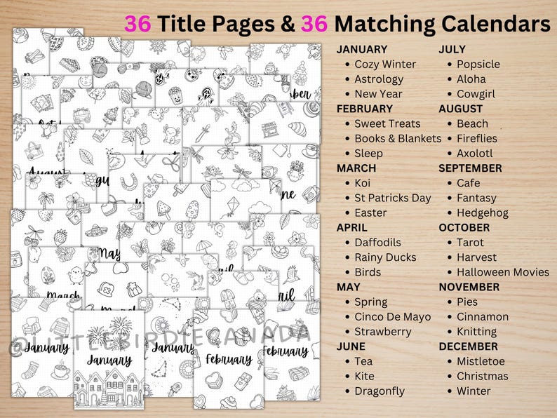 May include: A collection of 36 black and white printable title pages and matching calendars featuring various seasonal illustrations. The text 36 Title Pages & 36 Matching Calendars is at the top, with a list of monthly themes from January to December.