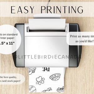 K&ouml;nnte beinhalten: Ein schwarz-wei&szlig;es druckbares Designblatt mit einem Pfotenabdruck und dem Wort "Pet" in einem Drucker. Das Blatt ist 8,5 Zoll mal 11 Zoll gro&szlig; und kann auf Standard-Druckerpapier oder Karton gedruckt werden.