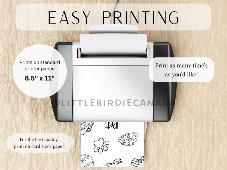 K&ouml;nnte beinhalten: Ein schwarz-wei&szlig;es druckbares Designblatt mit einem Pfotenabdruck und dem Wort "Pet" in einem Drucker. Das Blatt ist 8,5 Zoll mal 11 Zoll gro&szlig; und kann auf Standard-Druckerpapier oder Karton gedruckt werden.