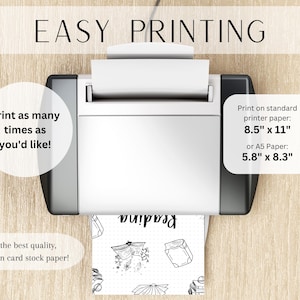 May include: A black and white printable design featuring a book with a magical aura and the text "vulpost". The design is shown being printed on a standard printer. The text "Print as many times as you'd like!" and "For the best quality, print on card stock paper!" are also included. The design can be printed on standard printer paper, 8.5 inches by 11 inches, or A5 paper, 5.8 inches by 8.3 inches.