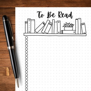 May include: A black and white illustration of a bookshelf with books and a potted plant. The text "To Be Read" is written above the bookshelf. There are 20 circles on the left side of the image.