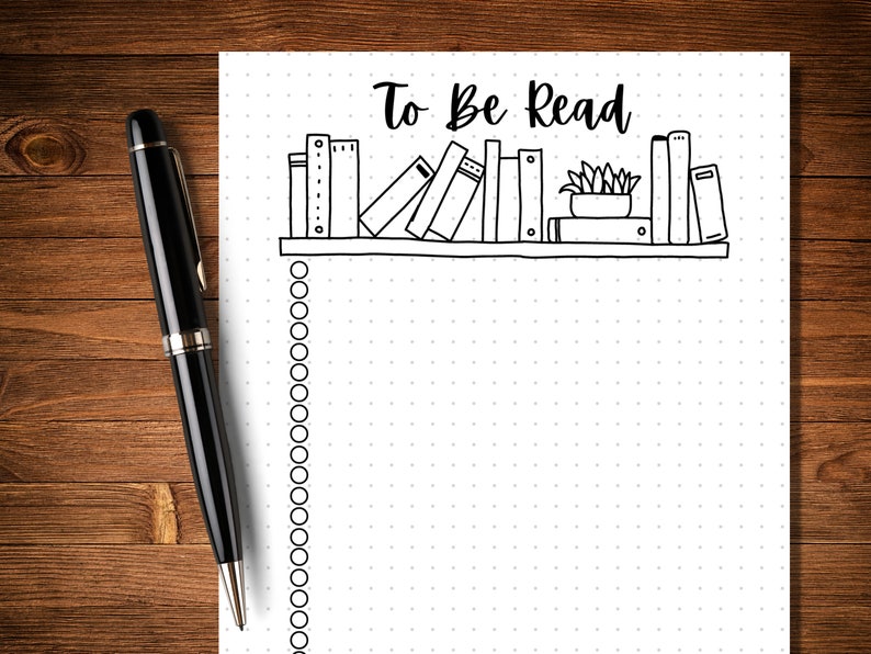May include: A black and white illustration of a bookshelf with books and a potted plant. The text "To Be Read" is written above the bookshelf. There are 20 circles on the left side of the image.