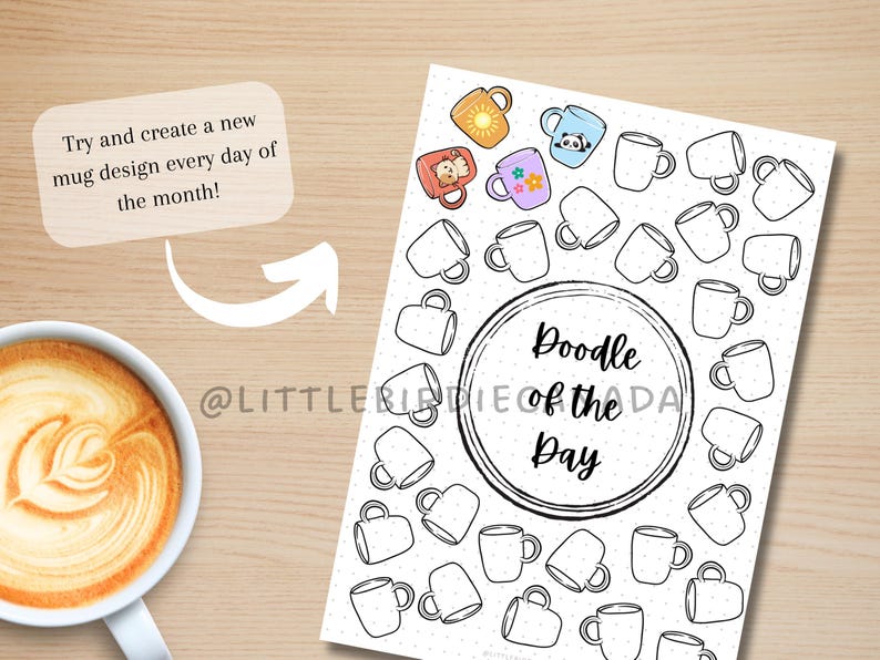 May include: A printable sheet with a doodle of a mug and the text "Doodle of the Day" in a circle. The sheet is filled with outlines of mugs for coloring.