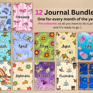 May include: Twelve journal bundles, each representing a month of the year. The journals feature colorful illustrations, including winter apparel, bows, turtles, umbrellas, sunflowers, bees, jellyfish, cameras, leaves, potions, coffee, and Christmas lights.