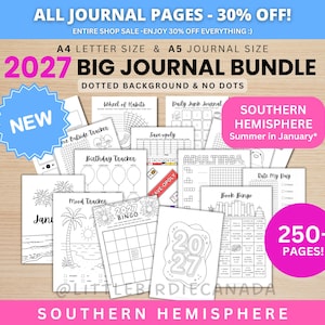 Op de afbeelding: Een 2027 journal-bundel met meer dan 250 pagina's in A4- en A5-formaat. De collectie bevat zwart-wit printbare vellen met trackers voor stemmingen, verjaardagen, gewoontes en boeken, plus bingospellen en kalenders voor het zuidelijk halfrond.