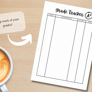 May include: A black and white printable grade tracker with the text "grade Tracker A+" at the top. The tracker has columns for subject, assignment/test, due date, and grade.