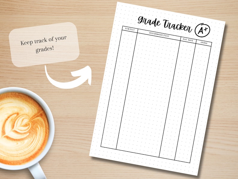 May include: A black and white printable grade tracker with the text "grade Tracker A+" at the top. The tracker has columns for subject, assignment/test, due date, and grade.