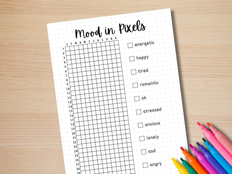 May include: A printable mood tracker with a grid of 28 squares for each month of the year. The grid is labeled with the months January through December.  The tracker also includes a list of moods to track, including energetic, happy, tired, romantic, ok, stressed, anxious, lonely, sad, and angry.