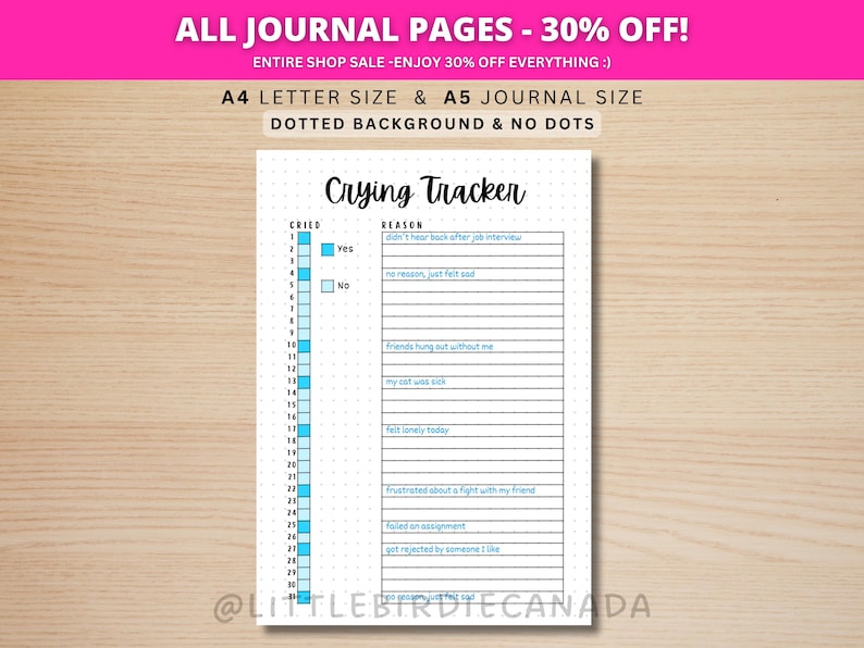 Crying Tracker - PRINTABLE Journal Page - Planner Page - Crying Log Tracker - Mood Tracker - Feeling Tracker - Emotion Tracker - Sad Tracker image 1