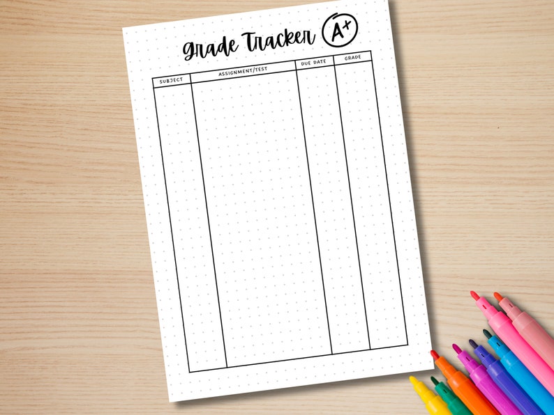 May include: A black and white printable grade tracker with the text "grade tracker" and "A+" in a circle. The tracker has columns for subject, assignment/test, due date, and grade.