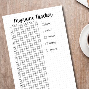 May include: A printable migraine tracker with a grid for each day of the month and a severity scale ranging from none to severe.