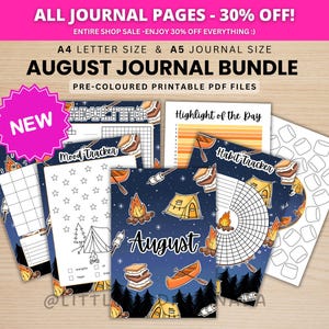 August Journal Bundle - Camping - PRINTABLE Journal Pages - PRE-COLOURED Pages - August Planner - August Agenda - Printable Planner