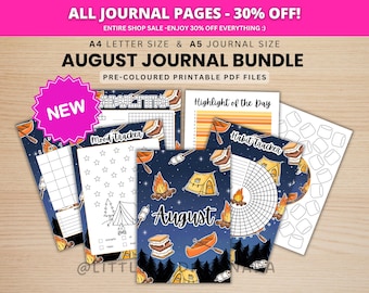 August-Tagebuch-Paket – Camping – Druckbare Tagebuchseiten – Vorgefärbte Seiten – August-Planer – August-Agenda – Druckbarer Planer