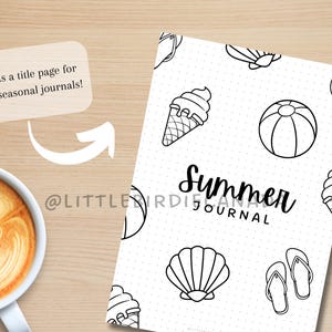 K&ouml;nnte beinhalten: Schwarz-wei&szlig; druckbarer Journal-Umschlag mit Sommerthema. Der Umschlag zeigt Illustrationen von Eiswaffeln, Flip-Flops, Muscheln und Strandb&auml;llen. Der Text "Summer Journal" ist in einer dekorativen Schrift geschrieben.