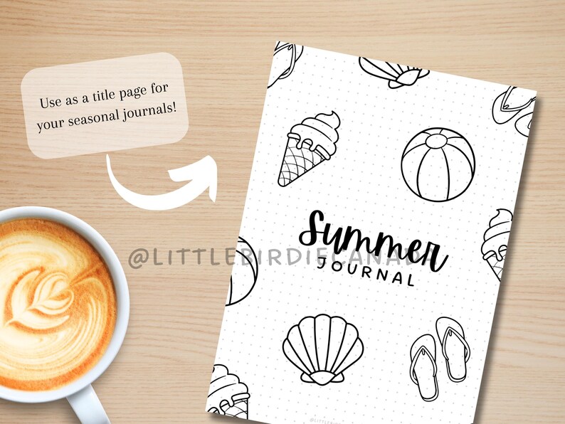 K&ouml;nnte beinhalten: Schwarz-wei&szlig; druckbarer Journal-Umschlag mit Sommerthema. Der Umschlag zeigt Illustrationen von Eiswaffeln, Flip-Flops, Muscheln und Strandb&auml;llen. Der Text "Summer Journal" ist in einer dekorativen Schrift geschrieben.