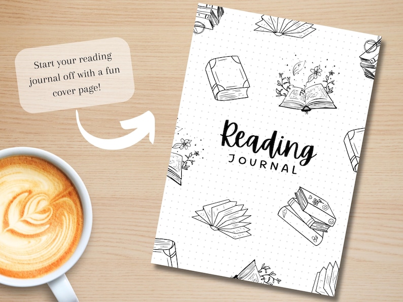 May include: A black and white reading journal cover with a dotted background. The cover features various illustrations of books, flowers, and the text "Reading Journal".