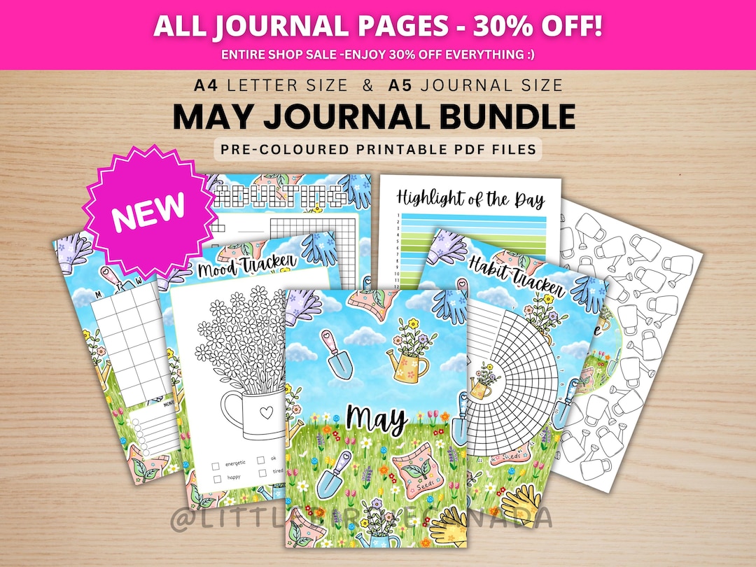 May Journal Bundle - Garden - PRINTABLE Journal Pages - PRE-COLOURED ...