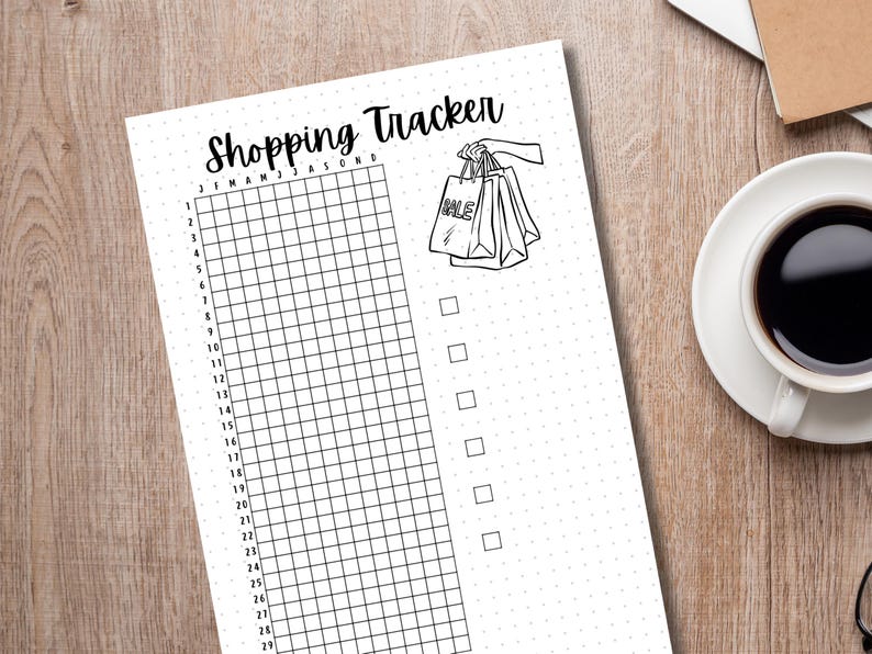 May include: A black and white printable shopping tracker with a grid for each month of the year and a checklist on the right side. The illustration at the top shows a hand holding shopping bags with the word "SALE" on one of the bags.