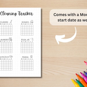 May include: A printable cleaning tracker checklist with a grid for each chore: floors, dishes, laundry, pick up, wipe/dust, and trash. Each grid has a column for each day of the week: Monday, Tuesday, Wednesday, Thursday, Friday, Saturday, and Sunday. The tracker is designed to be used with a Monday start date.