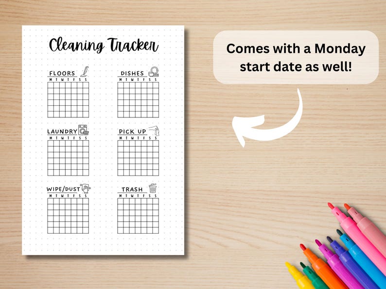 May include: A printable cleaning tracker checklist with a grid for each chore: floors, dishes, laundry, pick up, wipe/dust, and trash. Each grid has a column for each day of the week: Monday, Tuesday, Wednesday, Thursday, Friday, Saturday, and Sunday. The tracker is designed to be used with a Monday start date.