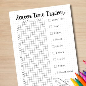 May include: A printable screen time tracker with a grid for each day of the month and a checklist for tracking screen time in hours. The checklist includes options for under 1 hour, 1 hour, 2 hours, 3 hours, 4 hours, 5 hours, 6 hours, 7 hours, and 8 hours and up.