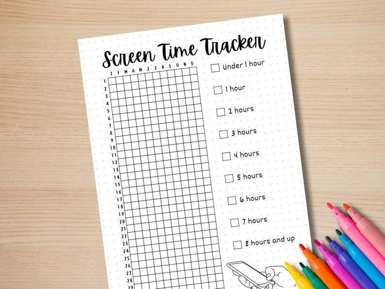 May include: A printable screen time tracker with a grid for each day of the month and a checklist for tracking screen time in hours. The checklist includes options for under 1 hour, 1 hour, 2 hours, 3 hours, 4 hours, 5 hours, 6 hours, 7 hours, and 8 hours and up.