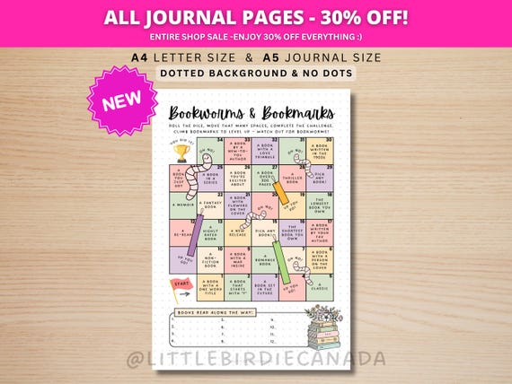 Bookworms and Bookmarks - PRINTABLE Journal Page - Reading Challenge - Book Challenge - Reading Journal - Reading Game - Reading Planner