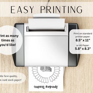 May include: A printer with a sheet of paper in it. The paper has a printable spending tracker with a stack of money graphic. The text on the paper reads "Spending Tracker". The text on the printer reads "Easy Printing" and "Print as many times as you'd like!" and "For the best quality, print on card stock paper!" The text on the right side of the printer reads "Print on standard printer paper: 8.5" x 11" or A5 Paper: 5.8" x 8.3"