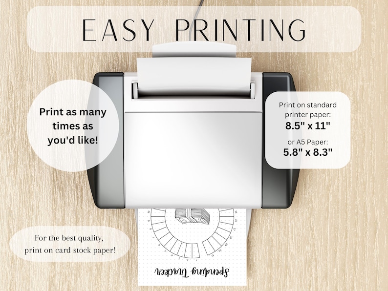 May include: A printer with a sheet of paper in it. The paper has a printable spending tracker with a stack of money graphic. The text on the paper reads "Spending Tracker". The text on the printer reads "Easy Printing" and "Print as many times as you'd like!" and "For the best quality, print on card stock paper!" The text on the right side of the printer reads "Print on standard printer paper: 8.5" x 11" or A5 Paper: 5.8" x 8.3"