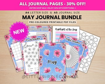 May Journal Bundle - Cherry Blossoms - PRINTABLE Journal Pages - PRE-COLOURED Pages - May Planner - May Agenda - Printable Planner