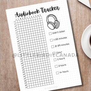 May include: A black and white audiobook tracker with a grid for tracking listening time. The title "Audiobook Tracker" is at the top, with a headphone graphic. The tracker includes options for time listened, from "Didn't listen" to "4+ hours".