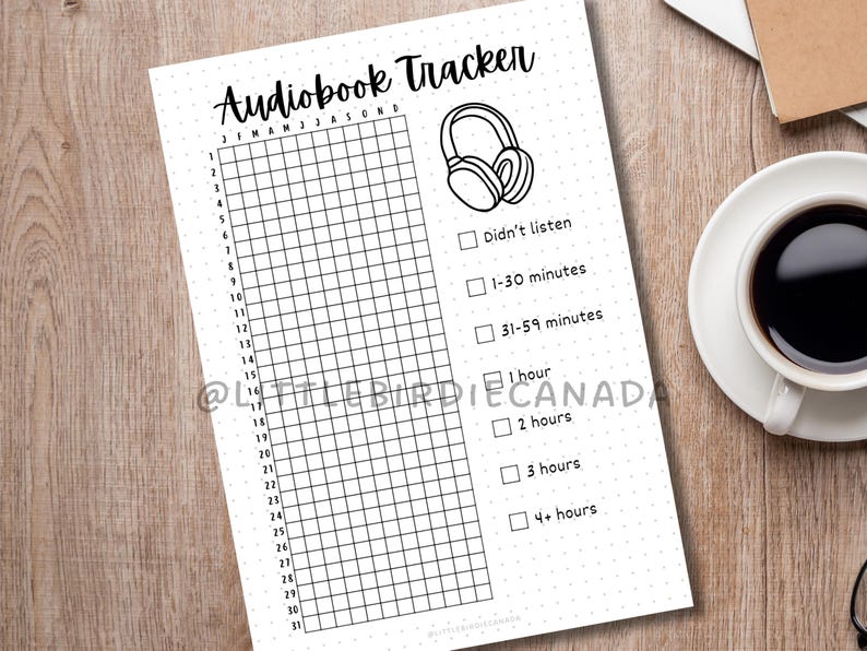 May include: A black and white audiobook tracker with a grid for tracking listening time. The title "Audiobook Tracker" is at the top, with a headphone graphic. The tracker includes options for time listened, from "Didn't listen" to "4+ hours".