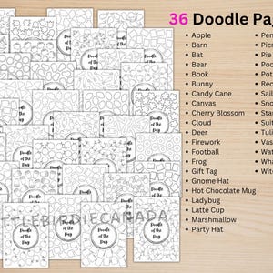 May include: A collection of 36 doodle pages with various designs, including apples, bunnies, and party hats. Each page features a unique black and white doodle, perfect for coloring or creative projects. The text "Doodle of the Day" is also visible.